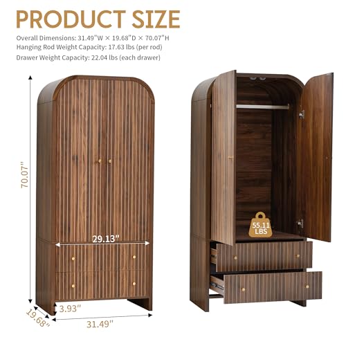 LEVNARY Arched Armoire Wardrobe Closet, Mid-Century Modern 2-Door Freestanding Wardrobe with Hanging Rod and 2 Drawers, Fluted Carved Clothing Storage Cabinet for Bedroom (Walnut) - Image 3