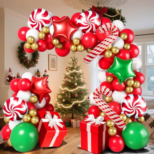129Pcs Christmas Balloon Garland Arch Kit, Red Green White Gold Balloons with Candy,Red Star, Green Star, Cane Foil Balloons for New Year Xmas Party,Birthday,Baby Shower Decorations - Image 4