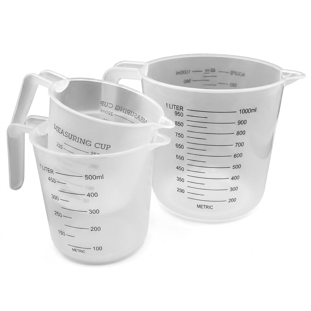 3 Measuring Jugs Set 1L/500ml/250ml Clear Plastic Measuring Cups for Baking & Cooking, Metric and Imperial Markings, Stackable Nesting for Liquids and Ingredients