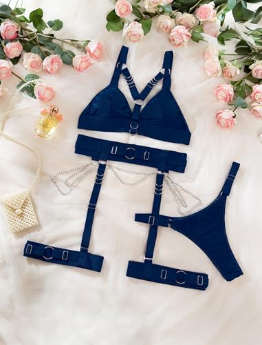 Image of Alrovetoney Sexy Lingerie Set For Women With Garter Belt 5 Pieces Strappy Bra and Panty Set Adjustable With Chain