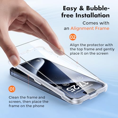 Image of UNBREAKcable Shatterproof Tempered Glass Screen Protector for iPhone 15 Pro Max [3-Pack][Easy Installation Frame] [9H Hardness] [99.99% HD Clear] [Bubble Free] for Apple 6.7 inch