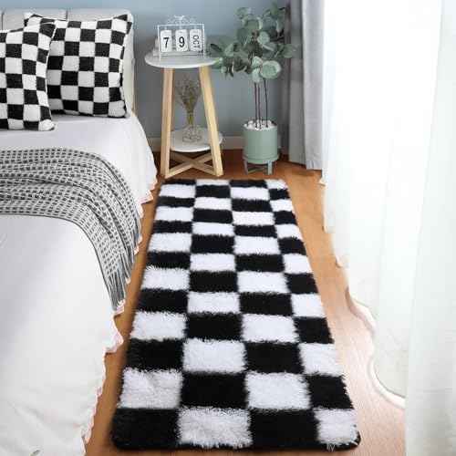 Image of KICMOR Fluffy Soft Runner Rug for Bedroom Living Room, 2x6 Black and White Checkered Rugs Fuzzy Plush Shaggy Bedside Carpet, Non Slip Long Rug for Kids Girls Boys Room Nursery Home Decor Aesthetic