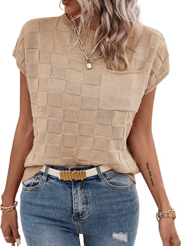 SHEWIN Womens Short Sleeve Sweater Casual Crewneck Summer Tops Lightweight Cap Sleeve Knit Sweater Vest Tops