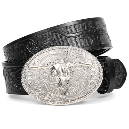 XZQTIVE Western Leather Belt with Silver Buckle