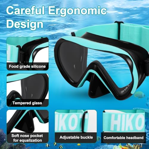 HIKOTEY Kinder Taucherbrille mit stoffband, Anti-Leck Schnorchelmaske Und elastischem Stoffband, Schnorchelmaske 180°Panorama HD Anti Nebel Anti-Leck Tauchmaske für 4-16 Jahre (Blau)