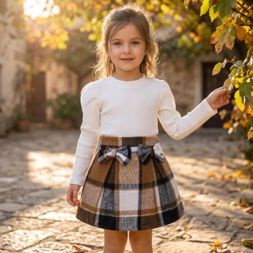 Image of Noubeau Toddler Girls Plaid Outfits Girls Puff Sleeve Knit Ribbed Shirt Tops Plaid Skirt Set Kids Fall Winter Clothes