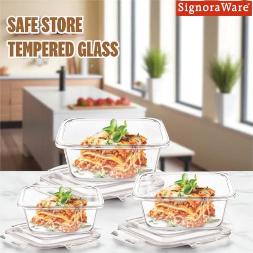 Image of Signoraware Safe Store Glass Square Containers | Airtight & Leakproof | Microwave Safe | Ideal for Reheating, Baking or Serving, Office Lunch & Outdoor Activities (320ml+520ml+800ml | Setof3 | Clear)