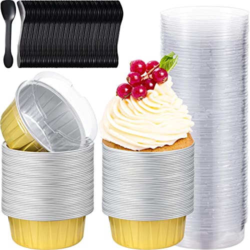 200 Pieces 125 Ml Muffin Liners Cups With Lids And Spoons Set, 100 Pieces 5 Oz Reusable Aluminum Foil Cupcake Ramekins, 100 Pieces Mini Disposable Spoons For Muffin Pie Desserts Pudding (Gold) #TOP11
