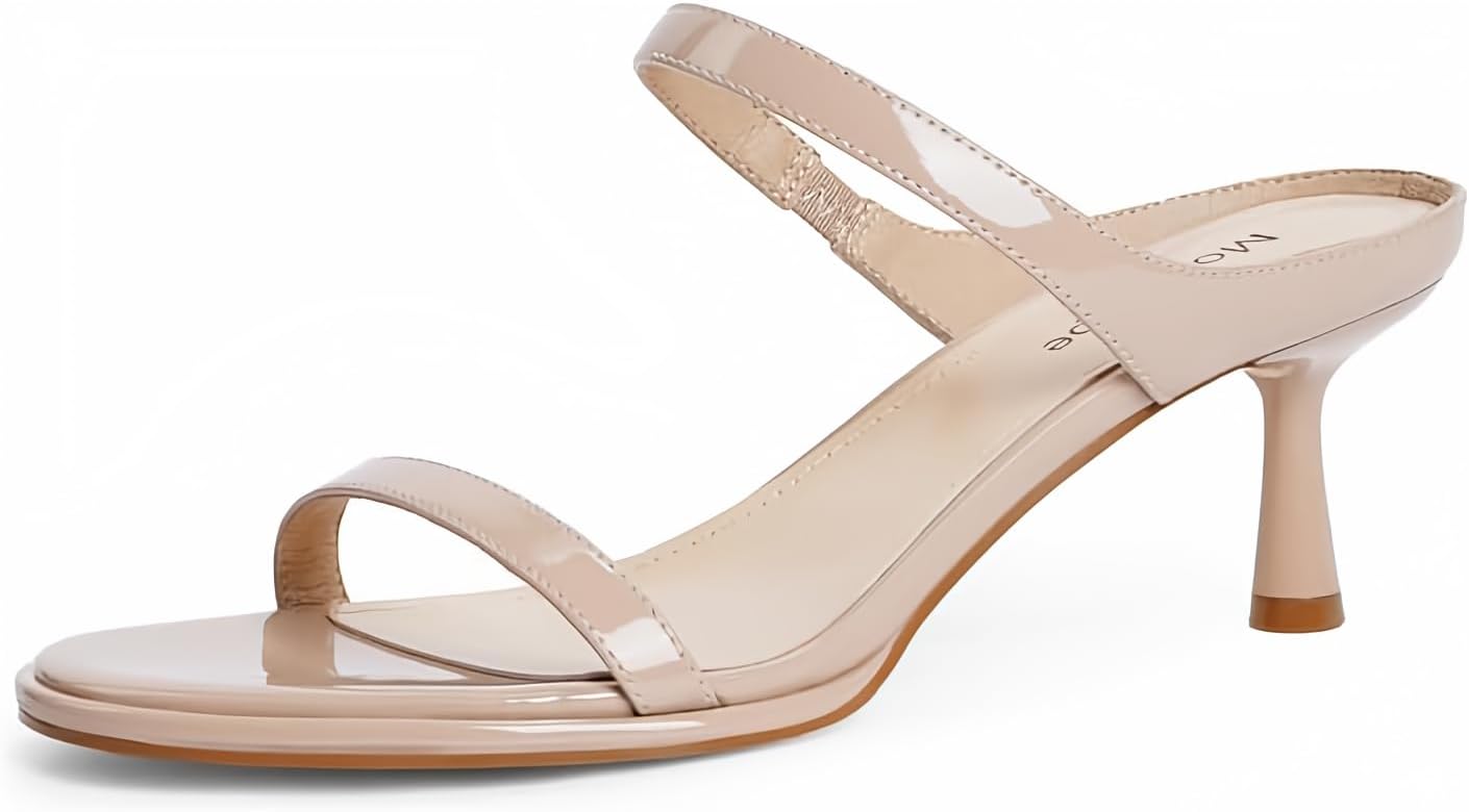 Modatope Two Strap Heeled Sandals for Women Kitten Heel Rounded Toe Heels Women Slip on Open Toe Sandals