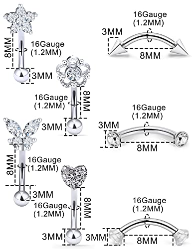 12Pcs 16G Rook Piercing Jewerlry Surgical Steel Eyebrow Piercing Jewelry Flower Crystal Heart Cz Moon Shape Eyebrow Rings Snake Eyes Rook Earrings For Women Men Tongue Retainer,Silver Curved Barbell #TOP2