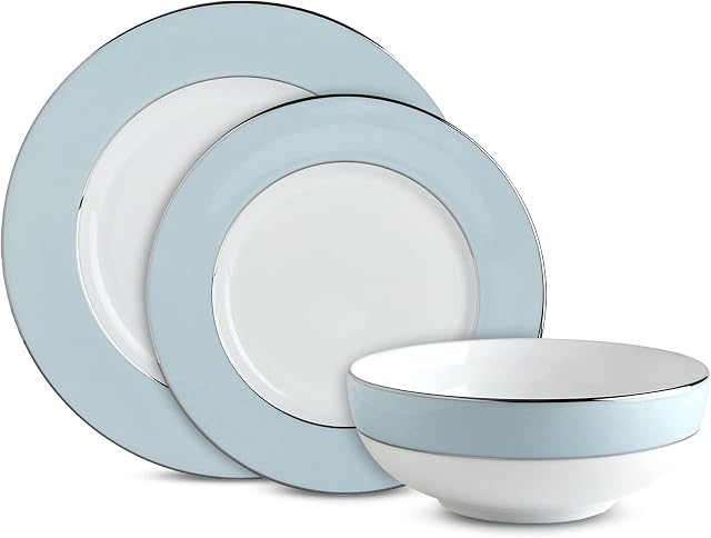 Fairmont & Main 12 Piece Cheltenham Dinner Set - Porcelain China - Dishwasher Safe, Microwave Safe, Oven Safe - Durable, Scratch-Proof Glaze. Classically Elegant, SkyBlue and White Tableware.