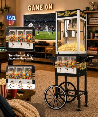 Image of 12 oz Commercial Popcorn Machine Cart with Candy Dispenser, Pop Corn Machine Maker Makes Up to 48 Cups, Movie Theater Popcorn Machine with 3-Switch Control&Stainless-Steel Kettle, Black