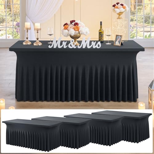 Image of 4 pk Black Spandex Tablecloth 6ft with Ruffled Skirt,Wrinkle Free High Stretch Fitted Tablecloths for 6 Foot Rectangle Tables,Pleated Elastic Spandex Table Covers 6ft for Parties Wedding Banquet