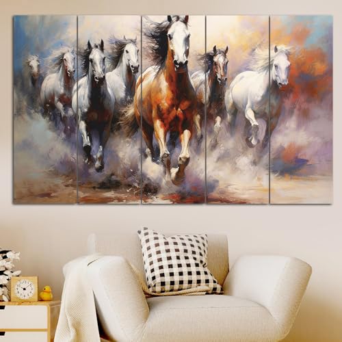 Image of Maxstone 7 Horses Wall Painting for Living Room Big Size - 7 Running Horses Painting Vastu for Bedroom, Office, Hotel - Wall Decor Digital Painting Wooden Framed for Gifting (30x60 inch) M1393