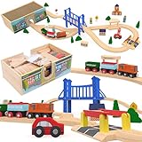 Wooden Train Set Deluxe 52 Pcs with Wooden Storage Gift Box Tunnel Compatible with Thomas, Brio, Melissa