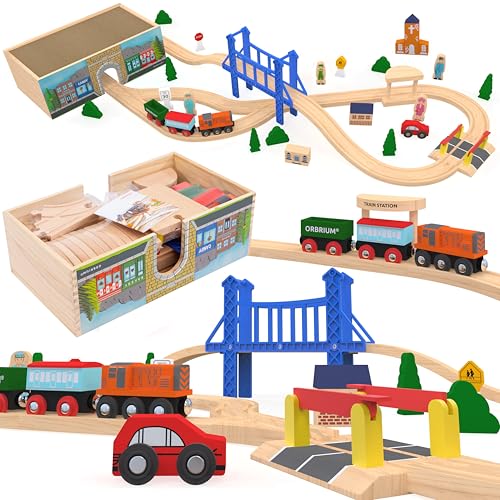Product Image of the Wooden Train Set Deluxe 52 Pcs with Storage Gift Box Tunnel 9 Layouts Magnetic...
