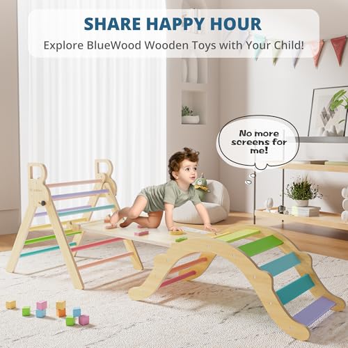 bluewood pikler triangle set toddler wooden climbing toys indoor 7in1 foldable climber for kids montessori philosophy play jungle gym with arch ramp ladder colorful spring