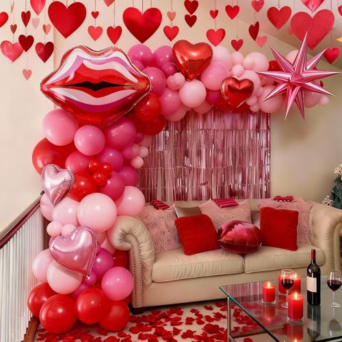 Image of Valentines Day Balloon Arch Kit Hot Pink Red Balloon Garland with Lip Heart Star Foil Balloons Rose Red Baby Light Pink Galentines Party Decorations for Proposal Engagement Wedding Mothers, 97Pcs