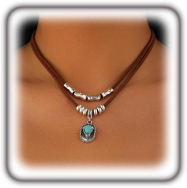 Boho Western Turquoise Necklace Set for Women Vintage Layered Brown Leather Star Statement Choker Personalized Necklaces Cowgirl Country Accessories