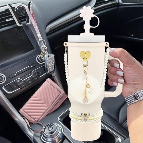 Hpebl 11pcs Cup Accessories for Stanley Cups 40/30oz,Including Straw Topper Cover 10mm(0.4in),Silicone Cup Boot,Handle Strap, Handle Charms for Stanley Cups Tumbler Accessories with Handle (Cream) - image 5