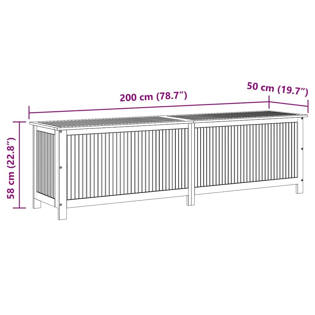 Contenitore da giardino in legno massello di acacia con finitura a olio, 200 x 50 x 58 cm, resistente alle intemperie e impermeabile, per balcone, terrazza, esterno, con grande spazio per