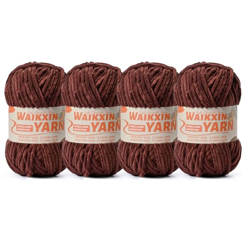 Image of (4 Deep Coffee) 4 Pack Super Soft Fuzzy Chenille Chunky Yarn for Crocheting, 400g (350yds) Velvet Fluffy Amigurumi Yarn for Hand Knitting Baby Blankets Weaving Craft