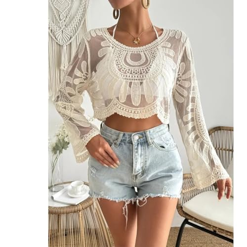 Women's Floral Embroidered Semi-Sheer Cover Up Long Sleeve Round Neck Boho Lace Top for Women Sheer Beach Coverup Mesh Design4
