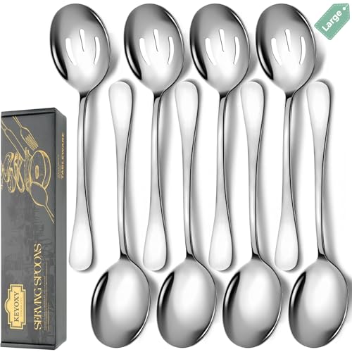 Keyoxy Stainless Steel Serving Spoons Set, 8pc, 10-Inch, Includes 4 Large, 4 Slotted, for Parties/Kitchen/Buffet/Catering, Dishwasher Safe
