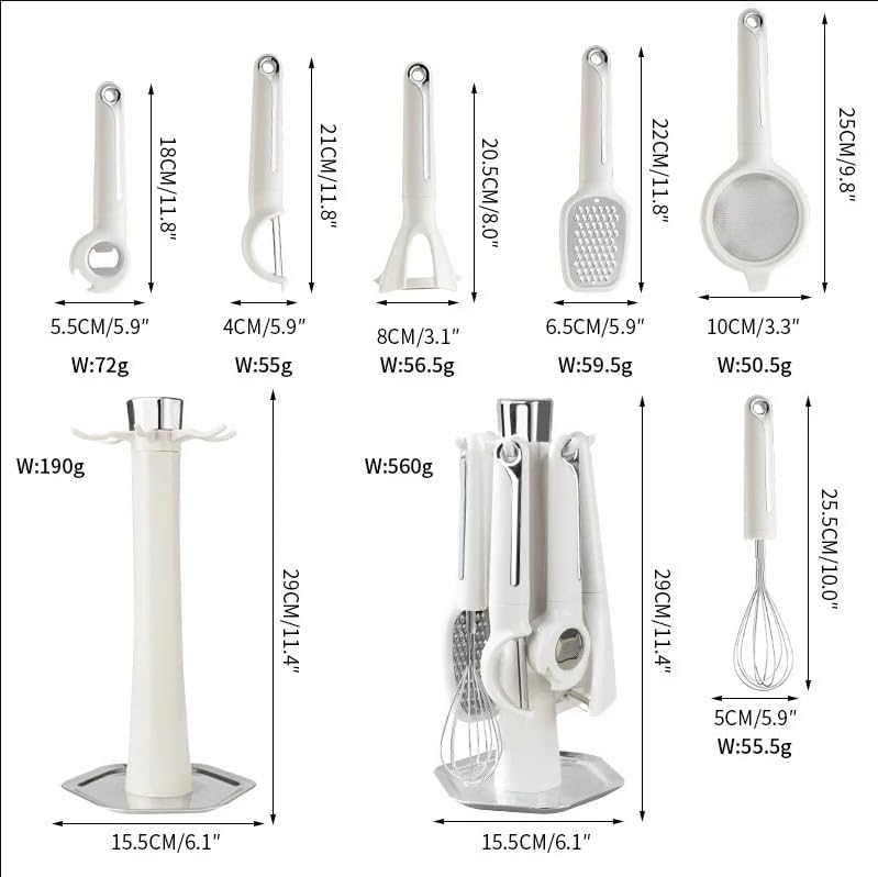 7-Piece Kitchen Gadgets Set with Stand, Premium Stainless Steel & White Kitchen Utensils with Ergonomic Handles, Includes Peeler, Grater, Whisk, Pizza Cutter, Strainer & Bottle Opener, Space-Saving