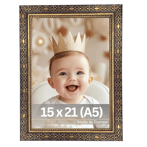 VictoR Cadre photo vintage Noir doré 15 x 21 cm (A5) Vermeer - Cadre baroque antique avec verre acrylique – Paroi arrière en MDF stable – Pour format portrait et paysage – Cadre photo A5 noir doré