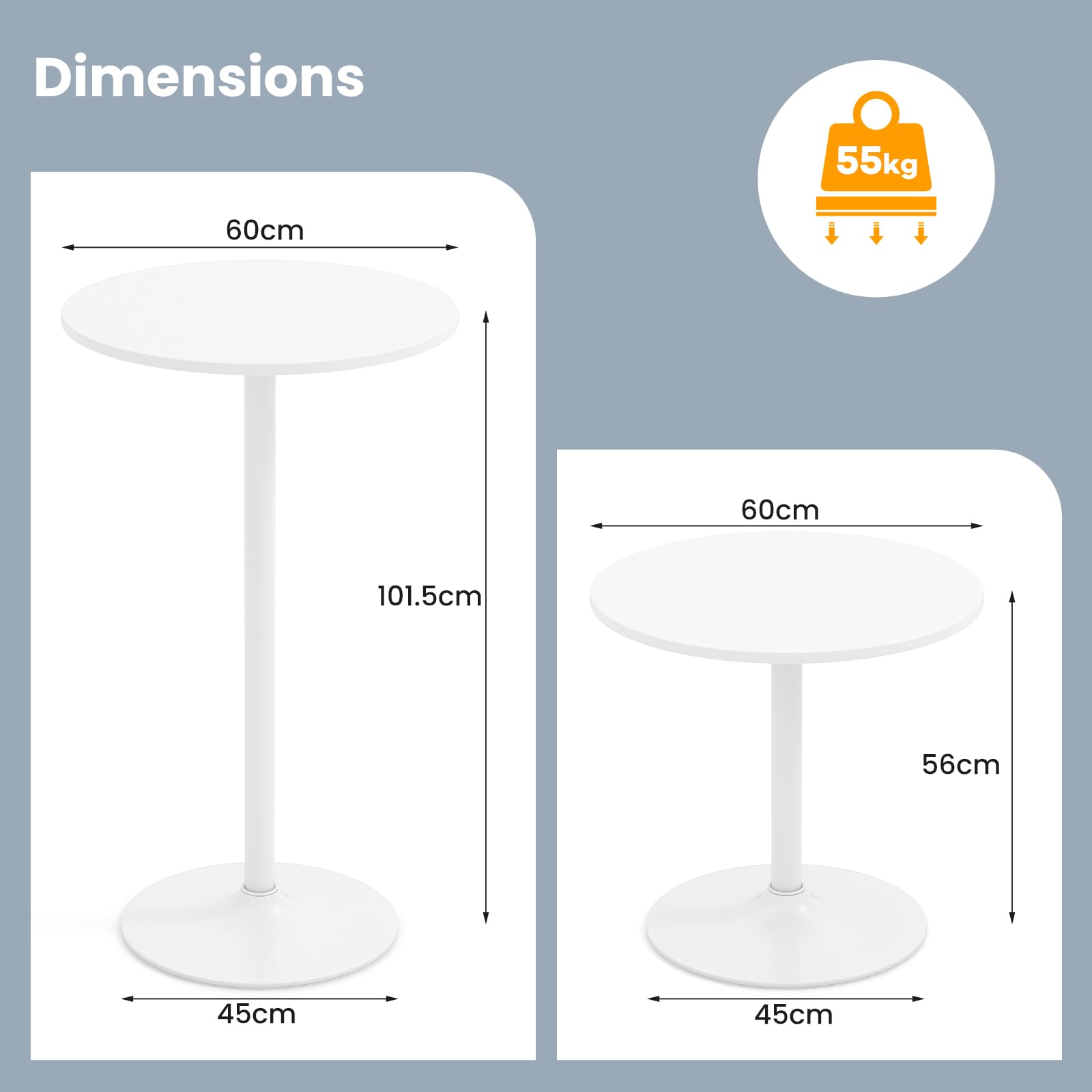 FANTASK Runder Bartisch Ø 60 cm, Stehtisch Höhenverstellbar 56/101,5 cm, Cocktailtisch mit Stahlrahmen, Bistrotisch für Balkon, Club, Pub, Zuhause (1, Weiß)
