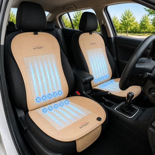 Image of Car Ventilated Cooling Seat Cushion Cover with 10 Powerful Fans & 3 Adjustable Cooling Levels, Breathable Fabric + Beige Leather Universal Fit for All Cars, Large Airflow