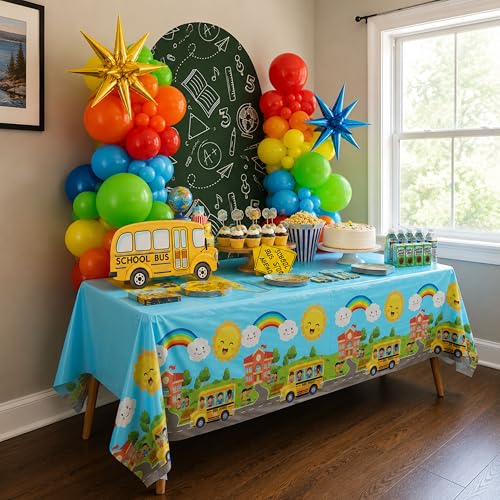 Image of Blue Orchards School Bus Tablecovers (Pack of 3) - Party Supplies, Back to School Decorations, Wheels Tablecloth, Kindergarten Graduation Decorations, School Bus Theme Party