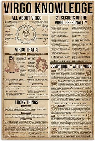 Virgo Knowledge Metal Tin Sign Funny Twelve Constellation Guide Study Poster Zodiac Virgo Retro Bedroom Club Cafe Bar Wall Decoration Sign Plaque Gift For Women Men 8x5.5 Inch