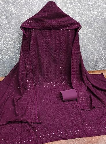 Image of Sidhidata Women's Faux Georgette Full Embroidery Lucknowi Chikankari Schiffli Work Unstitched Salwar Suit Dress Material With Embroidered Dupatta (DM Lucknowi Free Size)