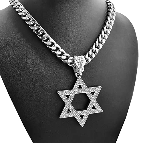 Iced Silver Plated Simulated Diamond Large Star of David Charm Pendant & 10mm 18" 20" 24" 30" Cuban Chain Hip Hop Rapper Style Jewelry Fashion Necklace Gift, halloween2