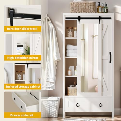 DWVO Bathroom Storage Cabinet, 67" Tall Storage Cabinet with Full Length Mirror & Barn Door, Farmhouse Bathroom Cabinets with Drawers for Kitchen Cabinet, Living Room, Laundry, White Oak