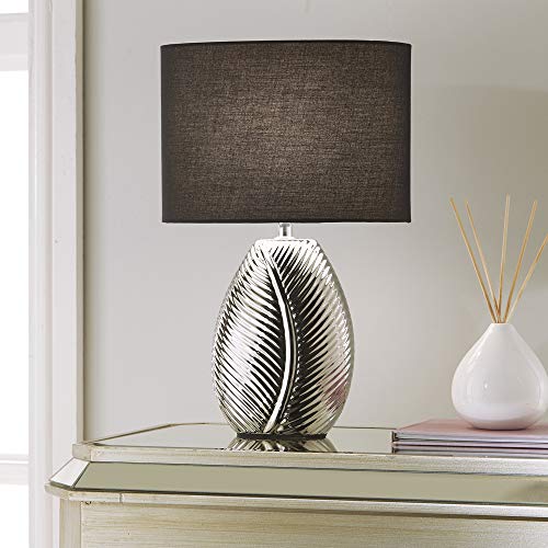 Silver Ceramic Table Lamp with Leaf Design and Black Cotton Lamp Shade, A Beautiful Modern Addition to Any Home