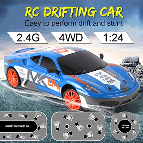 Image of RC Drift Car 1 /24 2.4GHz 4WD Remote Control Sport Racing On-Road Vehicle with LED Light, Batteries and Drift Tires (Blue 460)