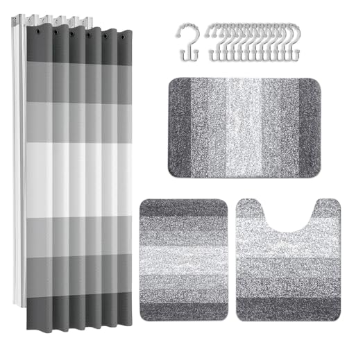 Britimes Grey Stripes Bathroom Sets with Shower Curtain and Rugs Ombre Modern Minimalist Striped Waterproof Shower Curtain Liner and Soft Non Slip Bath Mat for Bathroom Decor and Accessories Hooks