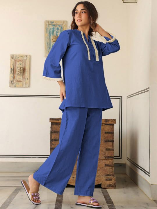Greciilooks Polycotton Ethnic Mid-Thigh Length Stylish | Festive Travel Co Ord Kurta Set For Women (Gl-W2048&Tr1023_Blue_S)