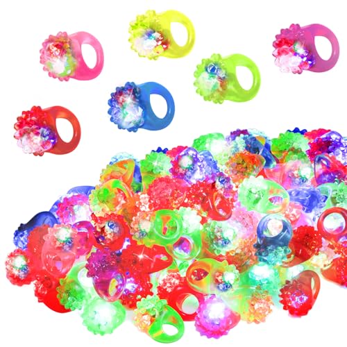 108 Pcs LED Light Up Ring - Glow in the Dark Party Favors, Soft Jelly Toy Rings Finger Lights in Treasure Box, Bulk Prize Gift for Kids & Adults (6 Colors)