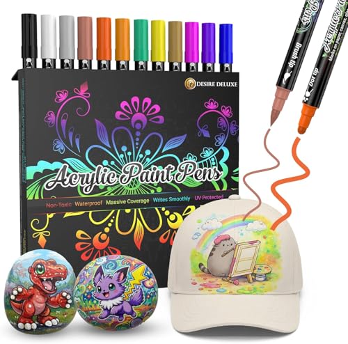 Desire Deluxe | Acrylfarbenstifte | ungiftig auf Wasserbasis, wasserfest, für Stein, Keramik, Glas, Holz, Porzellan, Kieselsteine. Umkehrbare runde Stiftspitze