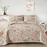 WONGS BEDDING Floral Quilt Set Queen Size, Khaki Botanical Queen Bedspread Bedding Sets Soft Lightweight Microfiber Flower Coverlet Set 3 Pieces for All Season (96