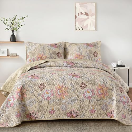WONGS BEDDING Floral Quilt Set Queen Size, Khaki Botanical Queen Bedspread Bedding Sets Soft Lightweight Microfiber Flower Coverlet Set 3 Pieces for All Season (96