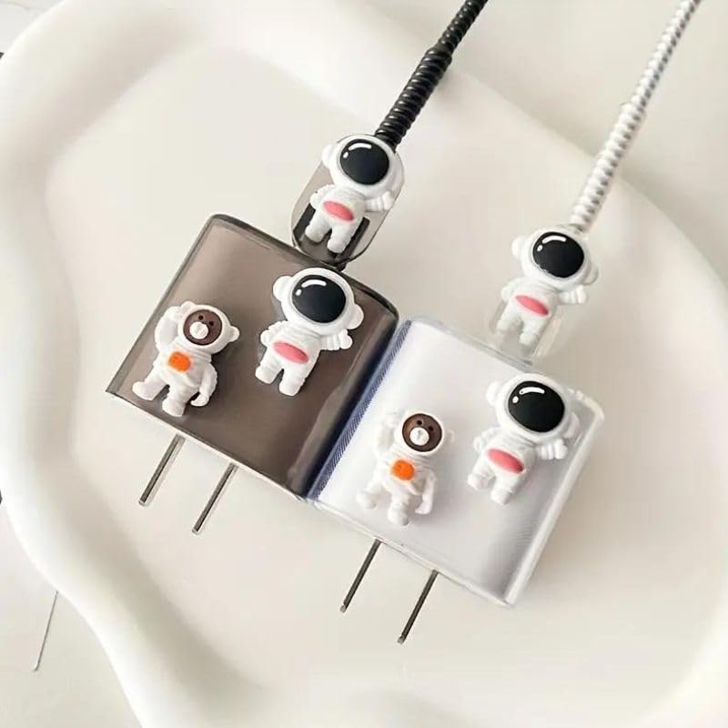 Image of Dezet for iPhone Charger 18-20W Cute Cartoon Charging Cable Protector Set for iPhone Fast Charging USB Cable with Protective Silicone Cover & Organizer Clip Stylish Design (WHITE-2-ASTRO)