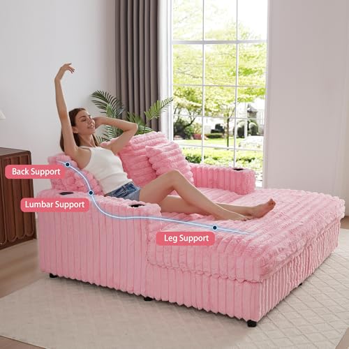 Image of QHITTY 58'' Plush Faux Rabbit Fur Chaise Loveseat with Charging Station & Cup Holder and Pillows, Upholstered Corduroy Chaise Loveseat Sofa Recliner Longue Indoor Couch for Living Room, Bedroom, Pink