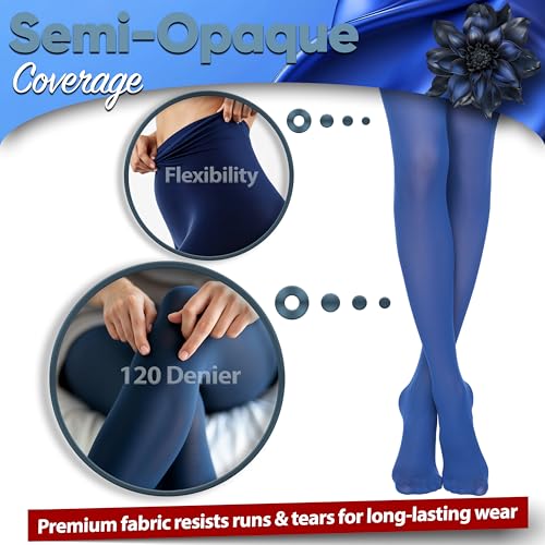 120 Denier Royal Blue Microfibre Tights for Women – High Waist, Soft Opaque Pantyhose, Footed, Stretchy Nylon Tights for Everyday Wear – Ideal for Gymnastics, Ballet, Casual Outfits (S-L Size)3
