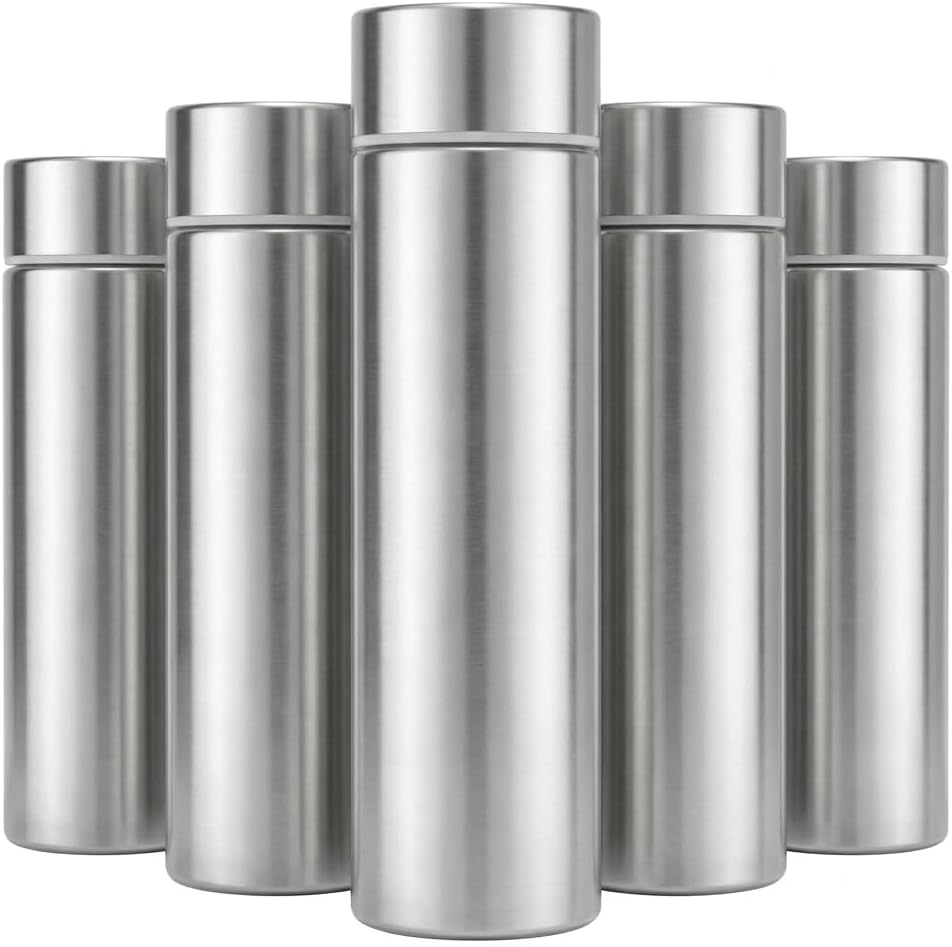 5 Pack Mini Water Bottles, 4.4 oz Small Insulated Stainless Steel Bottle, Pocket Slim Flask Keeps Drink Cold and Hot, Leak Proof Bottle for Women Purse Lunch Bag (Silver)