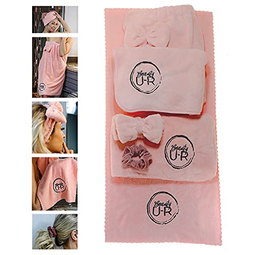 Beauty U-R Hair Towel Wrap Set - 4 pc Microfiber towels + Scrunchie - Bath towels for curly hair products - Hair accessories for women care- Quick drying hair turban spa towels for dry long black hair